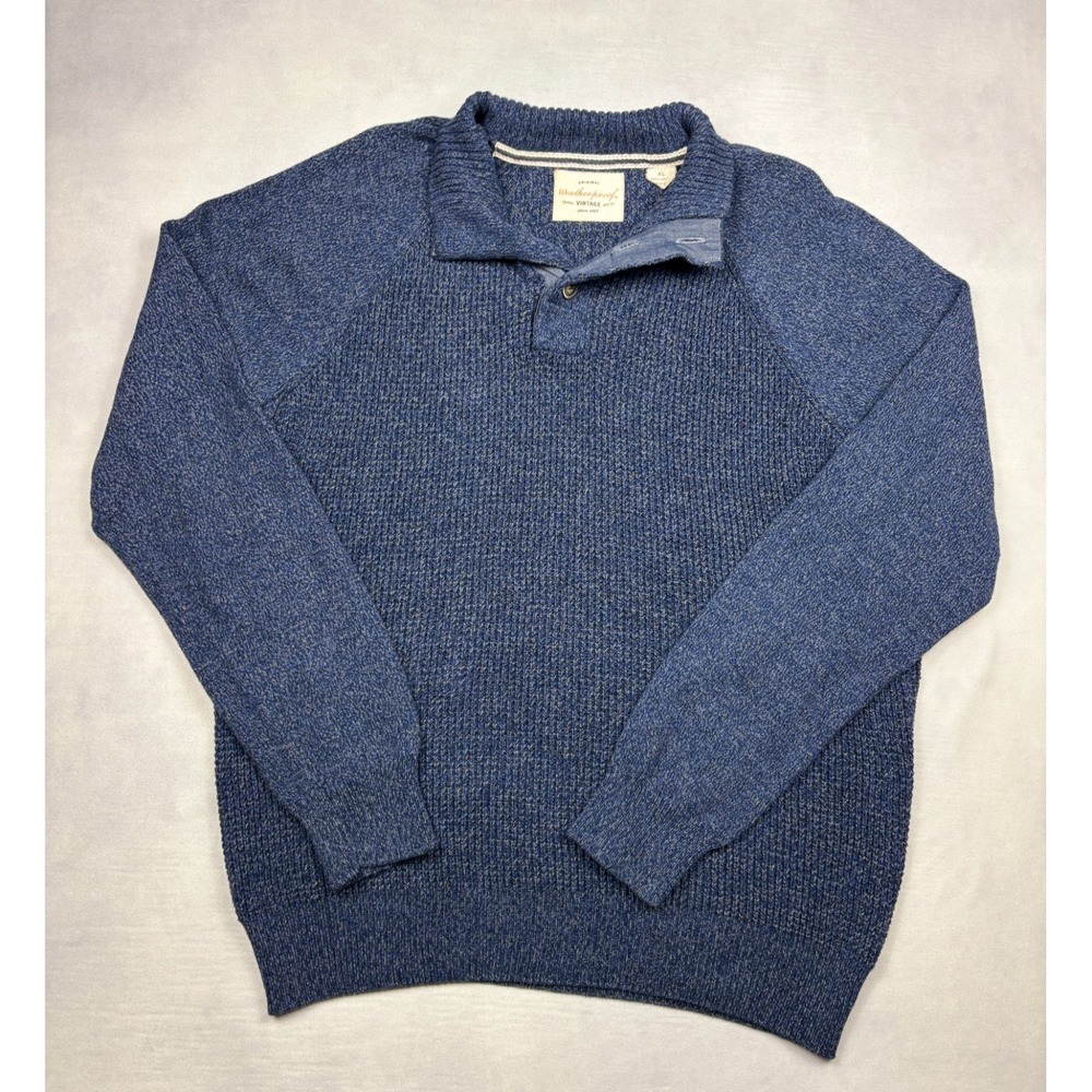 Weatherproof Vintage Sweater Mens XL Blue 100% Cotton Mock Neck Button XL